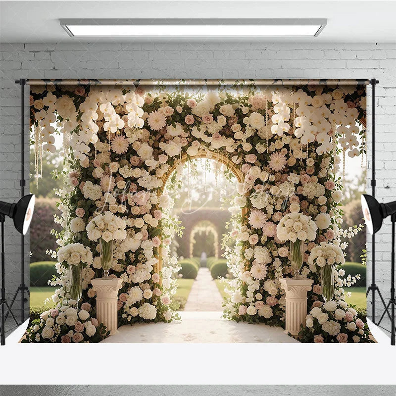 Lofaris Luxurious White and Pink Floral Golden Arch Wedding Photography Backdrop Romantic Garden Ceremony Decor with Pearls