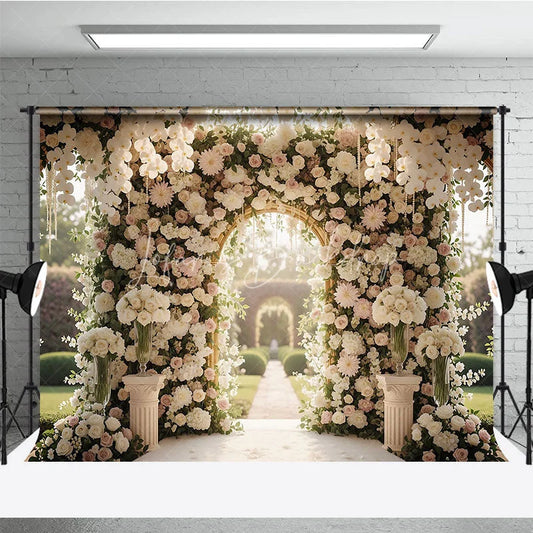 Lofaris Luxurious White and Pink Floral Golden Arch Wedding Photography Backdrop Romantic Garden Ceremony Decor with Pearls