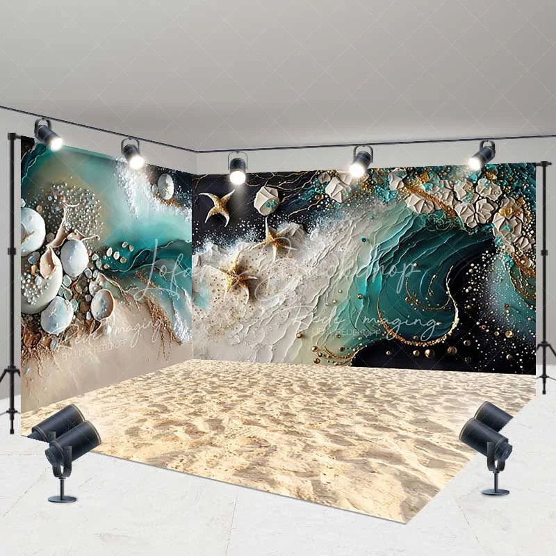 Lofaris Luxury Abstract Ocean Waves Golden Starfish Seashells Room Set Backdrop Beach Photography Studio Decor