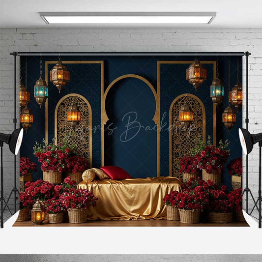 Lofaris Luxury Arabian Nights Photography Backdrop Moroccan Arch and Lanterns with Red Roses Elegant Wedding Photo Prop