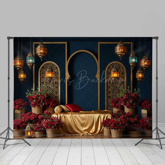 Lofaris Luxury Arabian Nights Photography Backdrop Moroccan Arch and Lanterns with Red Roses Elegant Wedding Photo Prop