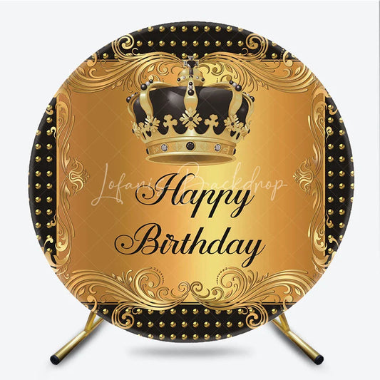 Lofaris Luxury Black Gold Crown Happy Birthday Round Backdrop Royal Filigree Party Decoration for Celebration