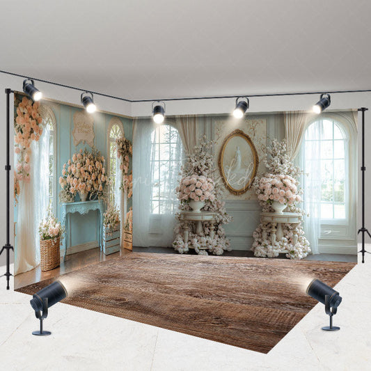 Lofaris Luxury Blue Window Floral Wedding Room Set Backdrop