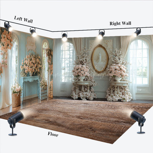 Lofaris Luxury Blue Window Floral Wedding Room Set Backdrop