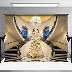 Lofaris Luxury Christmas Backdrop Grand Staircase White Tree Photography Background Mansion Interior Holiday Party Decoration