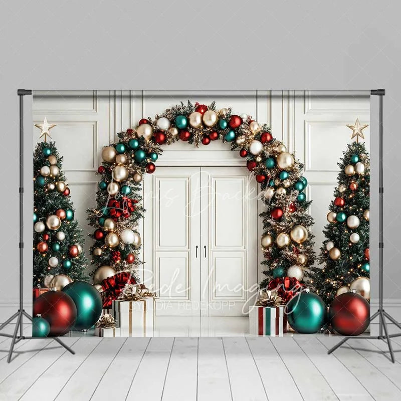 Lofaris Luxury Christmas Door Backdrop Red Green Gold Ornament Arch White Paneling Tree Photo Background