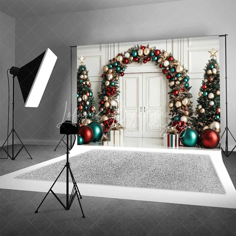 Lofaris Luxury Christmas Door Backdrop Red Green Gold Ornament Arch White Paneling Tree Photo Background