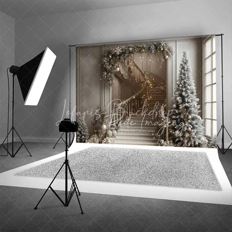 Lofaris Luxury Christmas Interior Backdrop Elegant Staircase Garland Lights Tall Pine Tree Room Photo Background