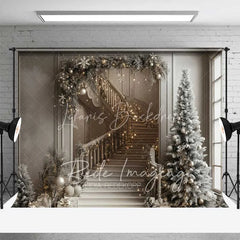 Lofaris Luxury Christmas Interior Backdrop Elegant Staircase Garland Lights Tall Pine Tree Room Photo Background