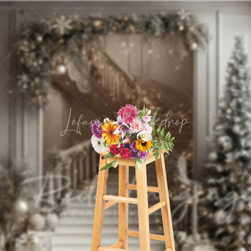 Lofaris Luxury Christmas Interior Backdrop Elegant Staircase Garland Lights Tall Pine Tree Room Photo Background