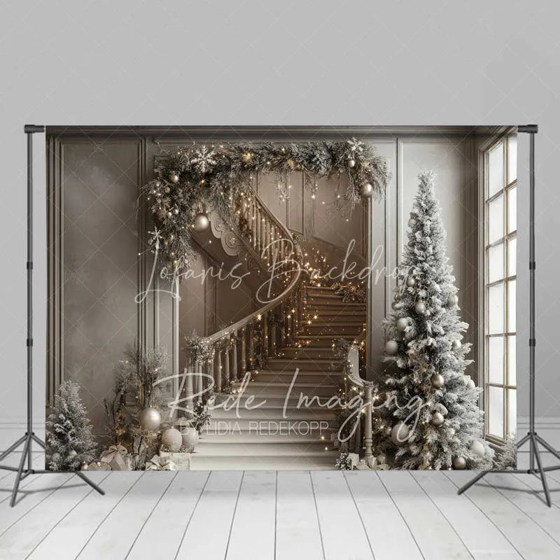 Lofaris Luxury Christmas Interior Backdrop Elegant Staircase Garland Lights Tall Pine Tree Room Photo Background