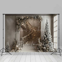 Lofaris Luxury Christmas Interior Backdrop Elegant Staircase Garland Lights Tall Pine Tree Room Photo Background