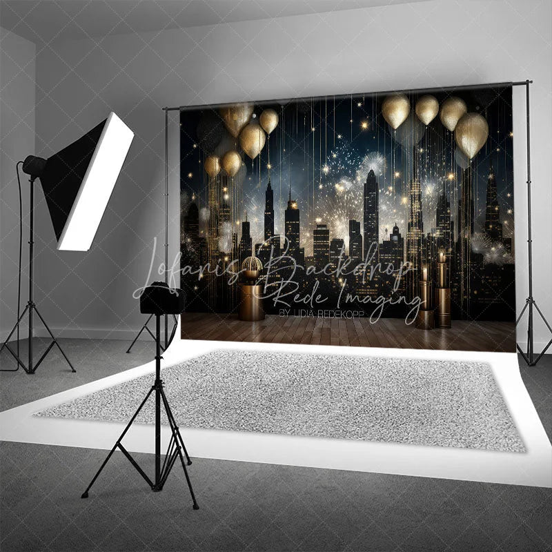 Lofaris Luxury City Night Skyline Backdrop Golden Balloons and Cityscape Photography Background for Gala