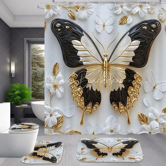 Lofaris Luxury Gold and Black Butterfly Shower Curtain Set 4 Piece 3D Floral Pearl Bathroom Decor with Rugs