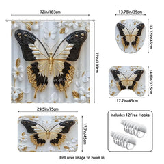 Lofaris Luxury Gold and Black Butterfly Shower Curtain Set 4 Piece 3D Floral Pearl Bathroom Decor with Rugs