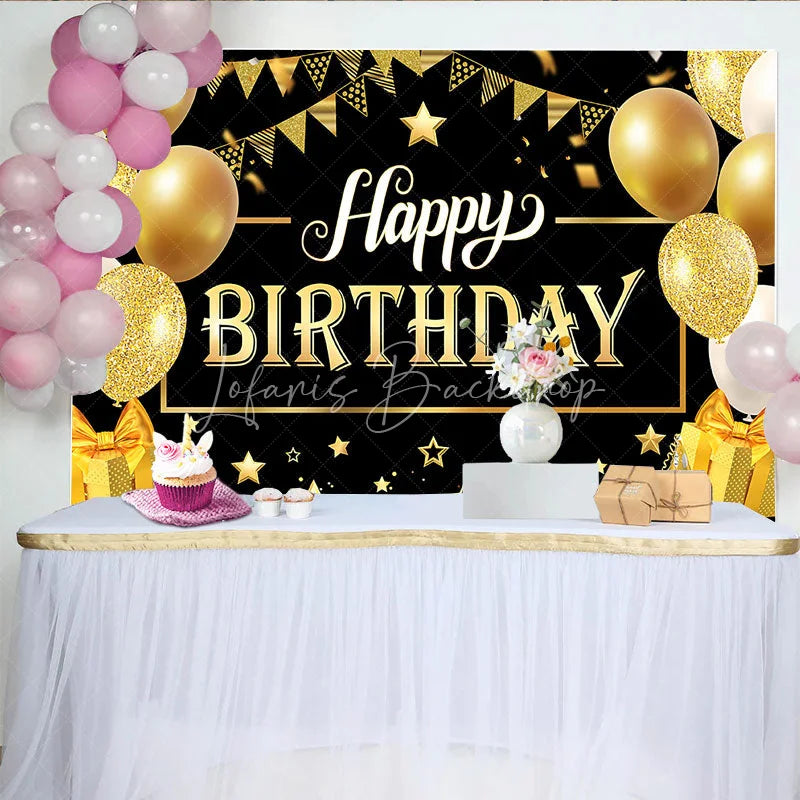 Lofaris Luxury Gold and Black Happy Birthday Backdrop Sparkling Balloons Stars Party Banner