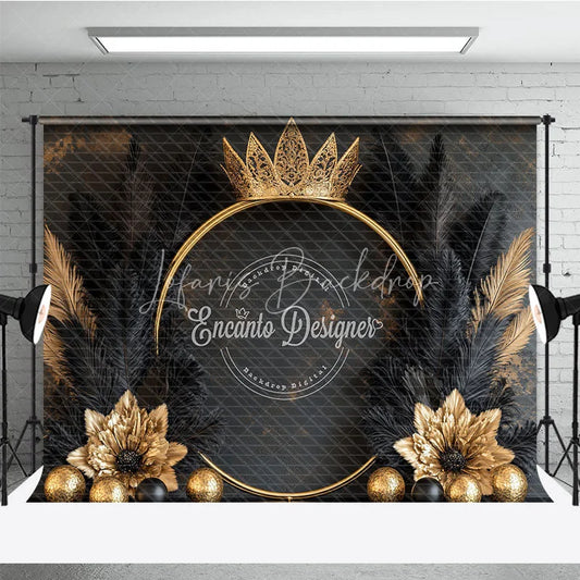 Lofaris Luxury Golden Crown and Black Feather Backdrop Elegant Gold Floral Theme for Birthday Event Decor