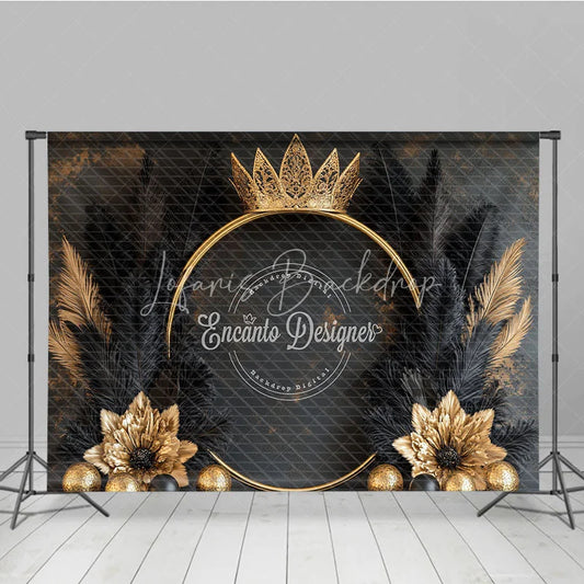 Lofaris Luxury Golden Crown and Black Feather Backdrop Elegant Gold Floral Theme for Birthday Event Decor