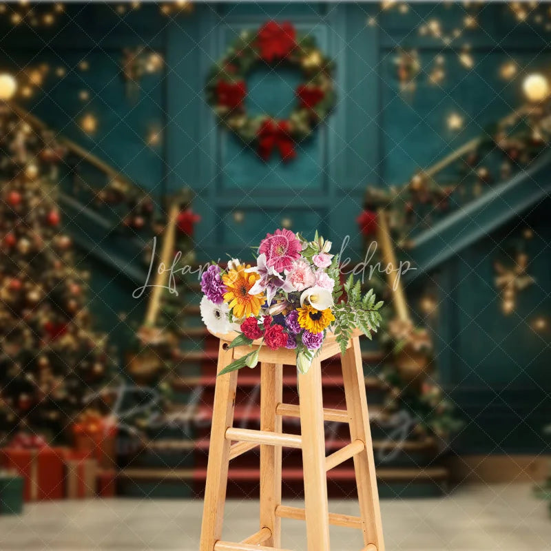Lofaris Luxury Grand Staircase Christmas Backdrop Red Carpet Chandelier Background Elegant Mansion Winter Holiday Party Decoration