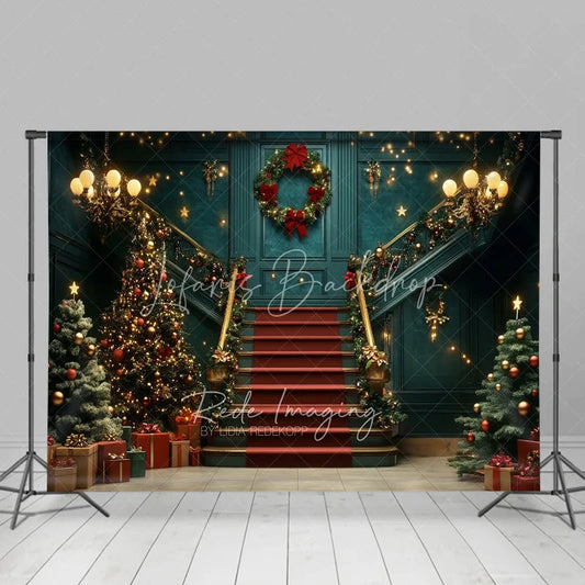 Lofaris Luxury Grand Staircase Christmas Backdrop Red Carpet Chandelier Background Elegant Mansion Winter Holiday Party Decoration