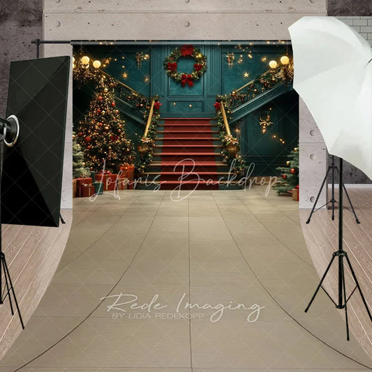 Lofaris Luxury Grand Staircase Christmas Sweep Backdrop Red Carpet Chandelier Background Elegant Mansion Winter Holiday Party Decoration