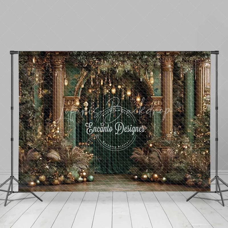 Lofaris Luxury Green and Gold Christmas Backdrop Palace Column Velvet Curtain Photography Background