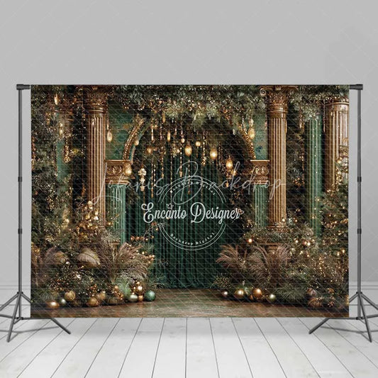 Lofaris Luxury Green and Gold Christmas Backdrop Palace Column Velvet Curtain Photography Background