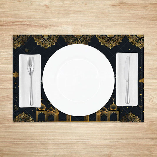 Lofaris Luxury Ramadan Mosque Set of 4 Placemats Golden Lace and Star Eid Mubarak Dining Mats for Islamic Celebration