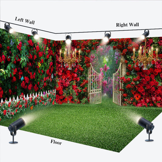Lofaris Luxury Red Rose Garden Gate Fence Room Set Backdrop