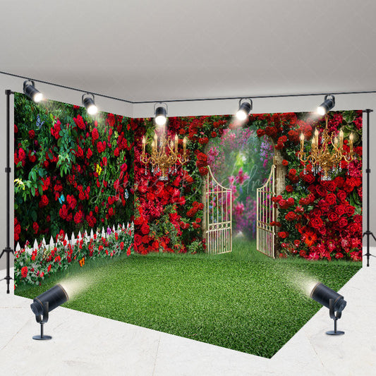 Lofaris Luxury Red Rose Garden Gate Fence Room Set Backdrop