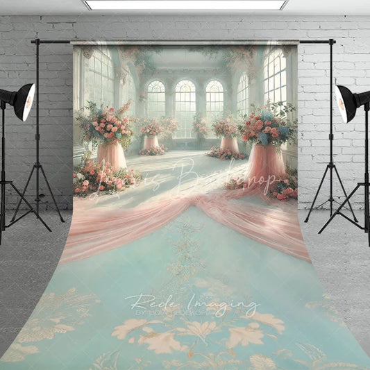 Lofaris Luxury Sunroom Floral Backdrop Pink Rose Pillar and Draped Silk Decor Elegant Wedding Reception Background