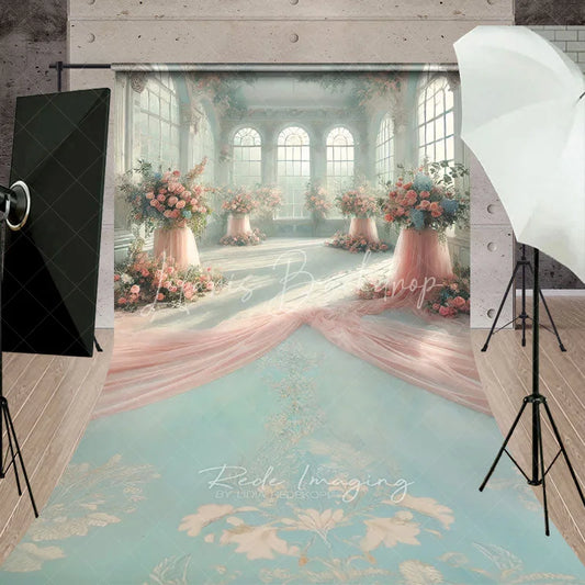 Lofaris Luxury Sunroom Floral Backdrop Pink Rose Pillar and Draped Silk Decor Elegant Wedding Reception Background