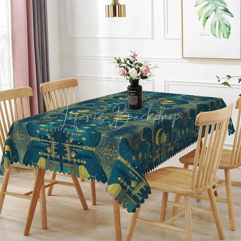 Lofaris Luxury Teal and Gold Ramadan Rectangle Tablecloth Ornate Islamic Mosque Architecture Table Cover