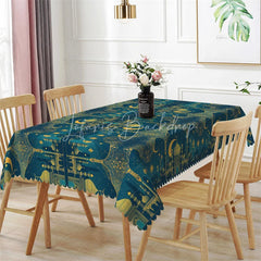 Lofaris Luxury Teal and Gold Ramadan Rectangle Tablecloth Ornate Islamic Mosque Architecture Table Cover