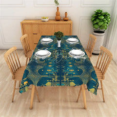 Lofaris Luxury Teal and Gold Ramadan Rectangle Tablecloth Ornate Islamic Mosque Architecture Table Cover