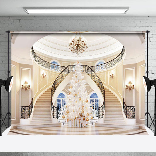 Lofaris Luxury Villa White Stairs Christmas Tree Backdrop
