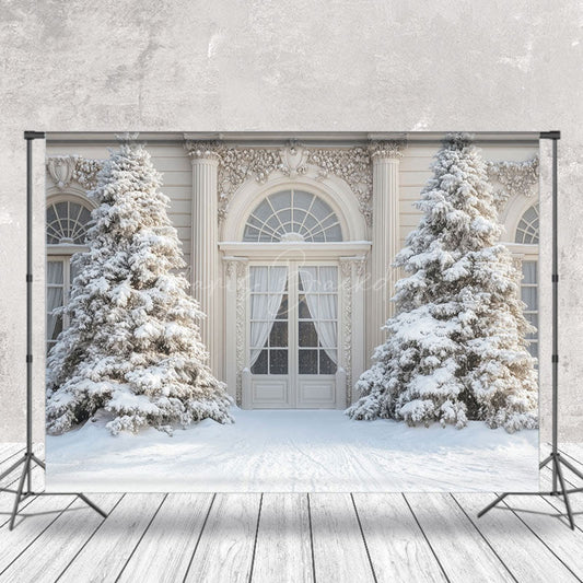 Lofaris Luxury White Door Pine Trees Winter Photo Backdrop