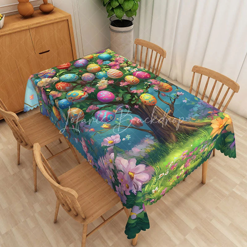 Lofaris Magic Easter Egg Tree Rectangle Tablecloth Colorful Spring Garden Table Cover Holiday Party Dining Room Decor