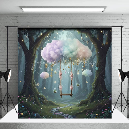 Lofaris Magic Forest Swing Backdrop Pastel Cloud Fairy Tale Photography Background Enchanted Wonderland Birthday Party Decoration