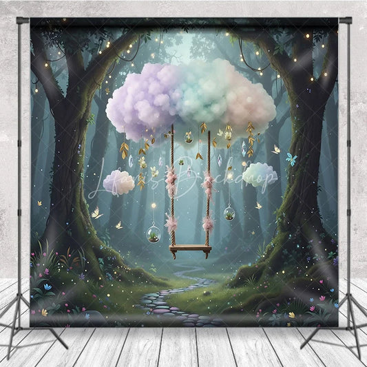 Lofaris Magic Forest Swing Backdrop Pastel Cloud Fairy Tale Photography Background Enchanted Wonderland Birthday Party Decoration