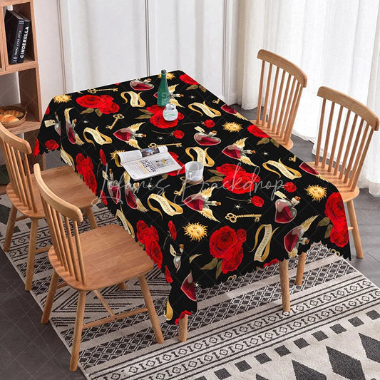 Lofaris Magic Love Potion Rectangle Tablecloth Red Rose and Winged Heart Bottle Valentine Fantasy Party Decor