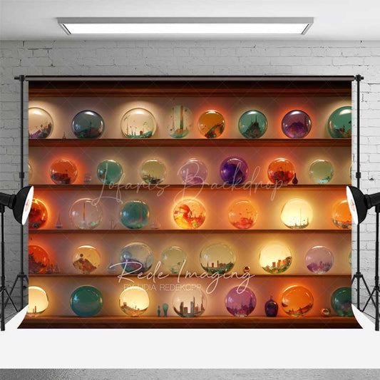 Lofaris Magic Shop of Crystal Balls Halloween Photography Backdrop Shelves with Glowing Orbs Fantasy Witch or Wizard Prop