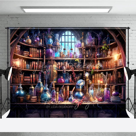 Lofaris Magical Alchemist Study with Vintage Books and Glowing Potions Holiday Backdrop Enchanting Fantasy Theme Decor