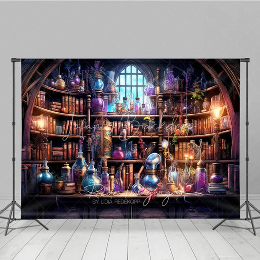 Lofaris Magical Alchemist Study with Vintage Books and Glowing Potions Holiday Backdrop Enchanting Fantasy Theme Decor