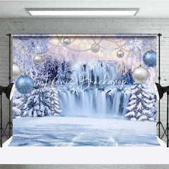 Lofaris Magical Blue and Silver Winter Wonderland Holiday Backdrop Featuring Frozen Waterfall Snow Covered Trees