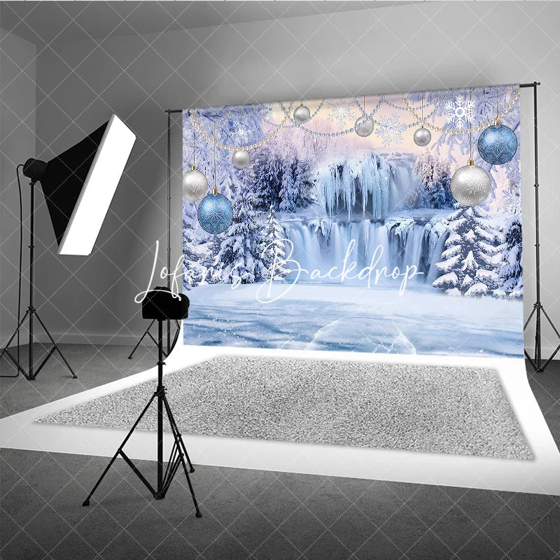 Lofaris Magical Blue and Silver Winter Wonderland Holiday Backdrop Featuring Frozen Waterfall Snow Covered Trees