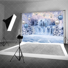 Lofaris Magical Blue and Silver Winter Wonderland Holiday Backdrop Featuring Frozen Waterfall Snow Covered Trees