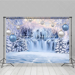 Lofaris Magical Blue and Silver Winter Wonderland Holiday Backdrop Featuring Frozen Waterfall Snow Covered Trees