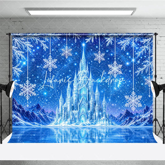 Lofaris Magical Blue Ice Castle Photography Backdrop with Snowy Mountains Frozen Lake and Snowflakes for Winter Party