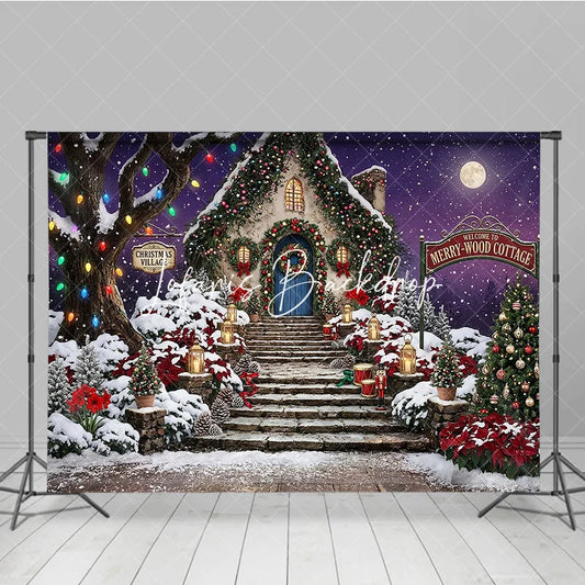 Lofaris Magical Christmas Village Holiday Backdrop with Snow Decorated Cottage and Festive Lights Winter Party Decor